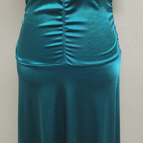 Deadstock Vintage Charlotte Russe Teal Satin Brooch Shark Bite Hem Halter Dress - Picture 5 of 14